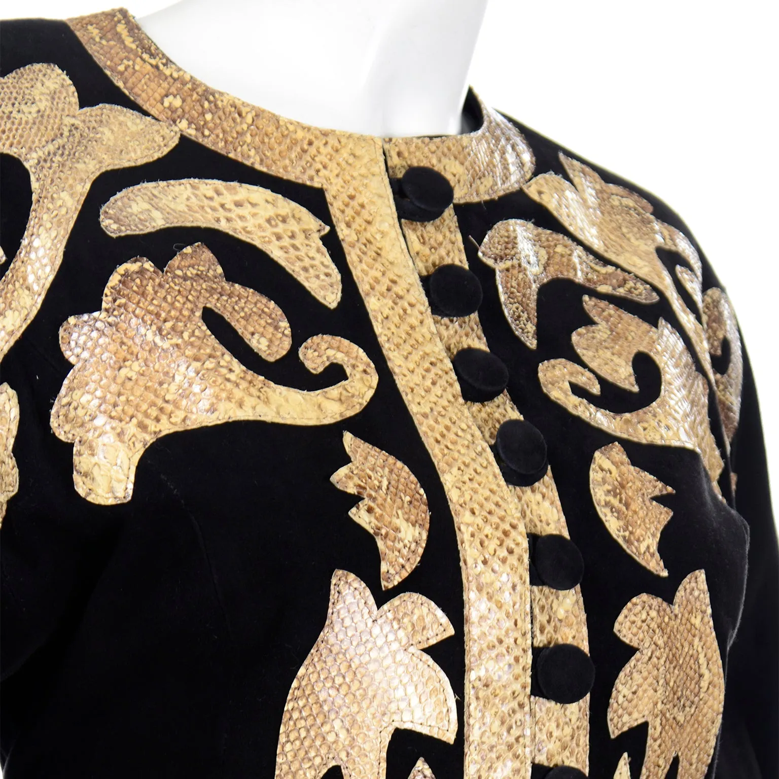 1980s Vintage Black Suede Peplum Jacket w Python Snakeskin Applique