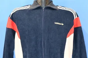 80s Adidas Three Stripe Trefoil Velour Track Jacket Large