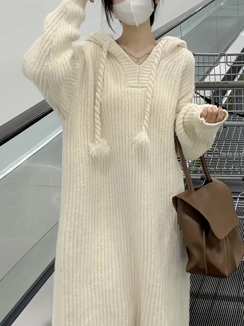 Apricot Long Long Sleeve Hooded Knit Dress