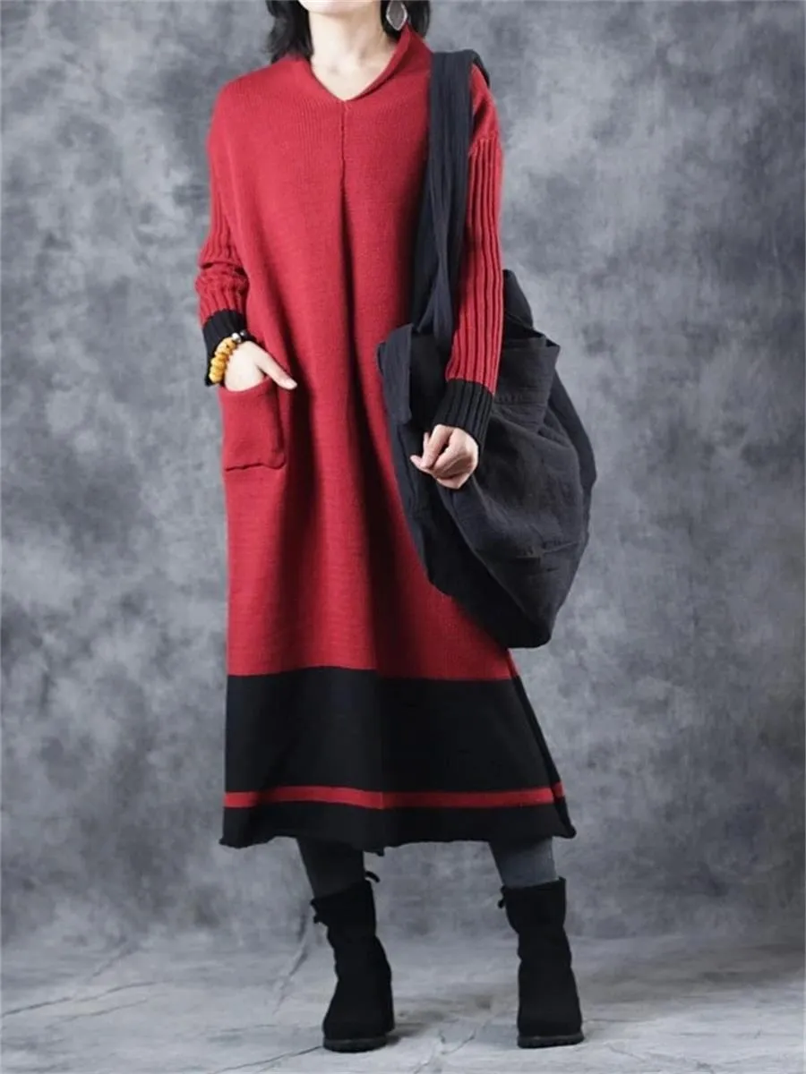 Autumn And Winter Casual Retro Contrast Color Women'S Sweater Dress