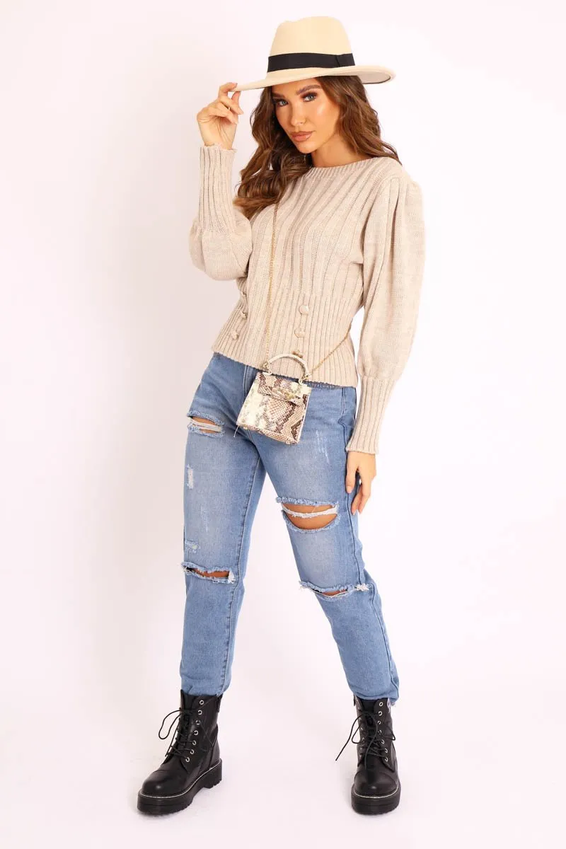 Beige Gold Button Front Knit Jumper - Eleonor