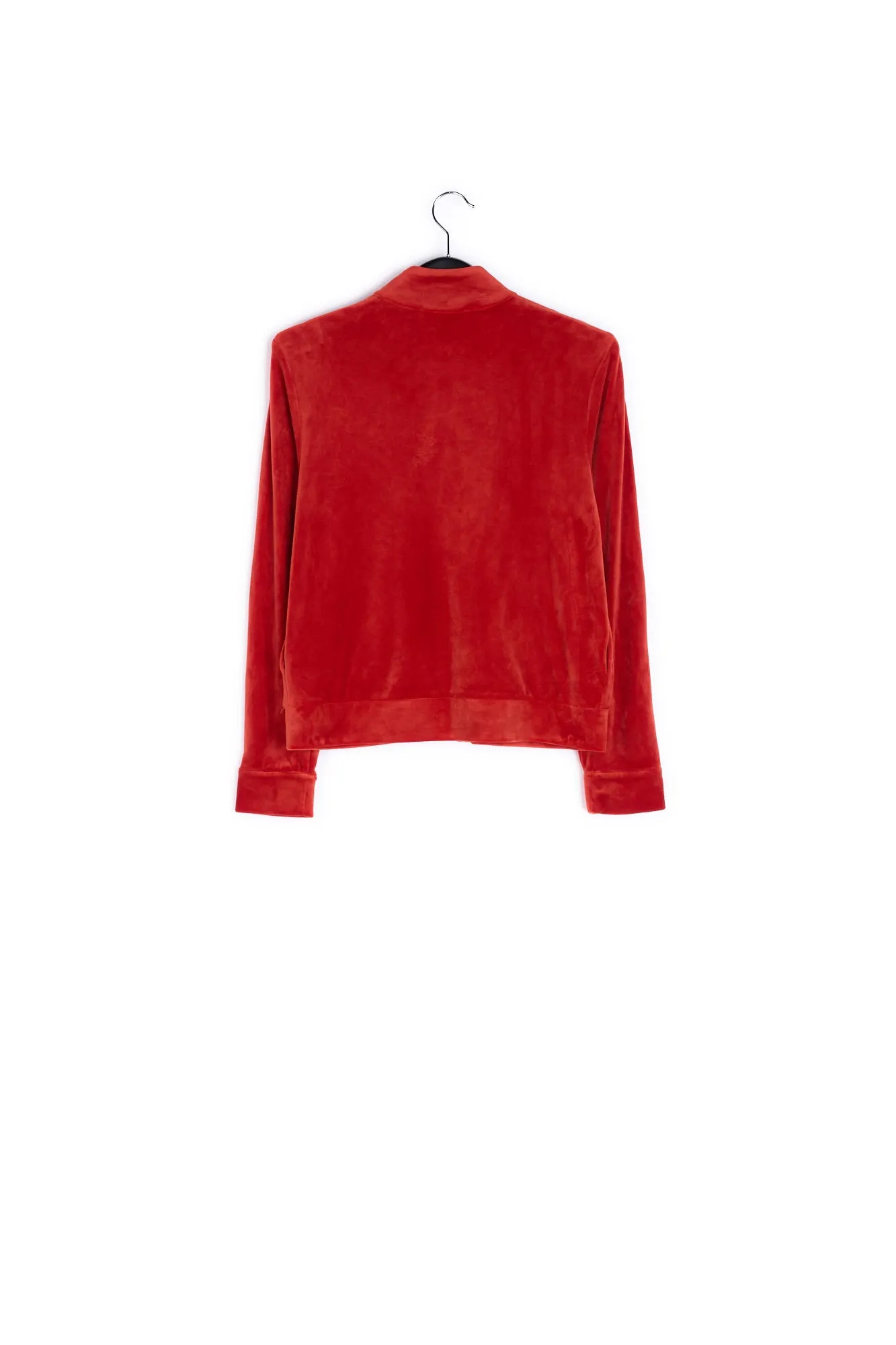 Brick red velvet track jacket with ruffles