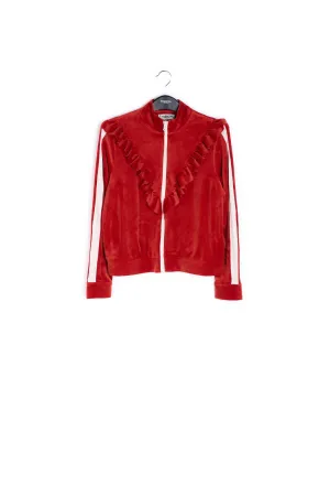 Brick red velvet track jacket with ruffles