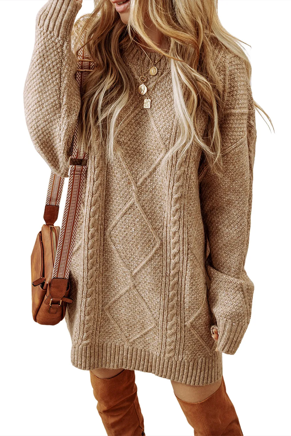 Cable Knit Drop Shoulder Loose Fit Sweater Dress