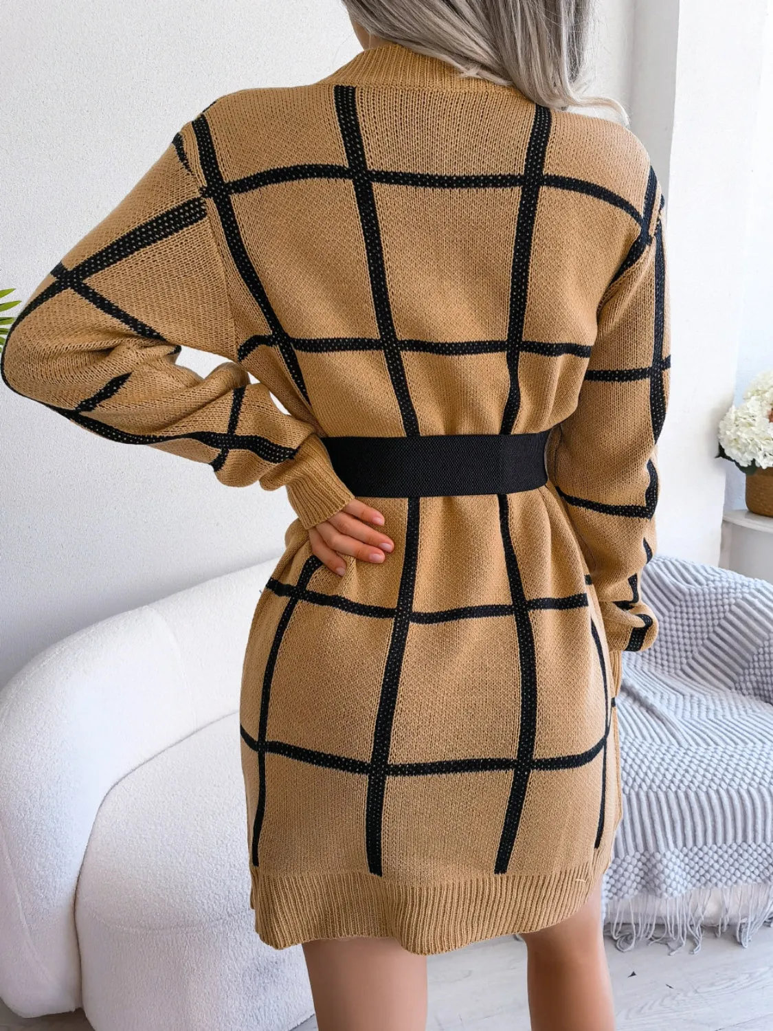 Classic Plaid Round Neck Sweater Dress  with  Dropped Shoulder