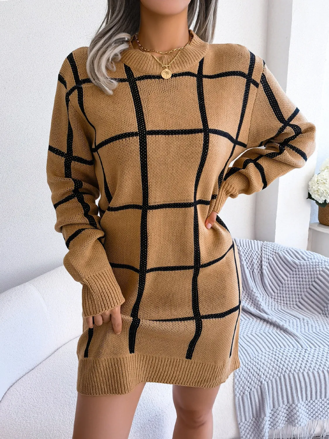 Classic Plaid Round Neck Sweater Dress  with  Dropped Shoulder