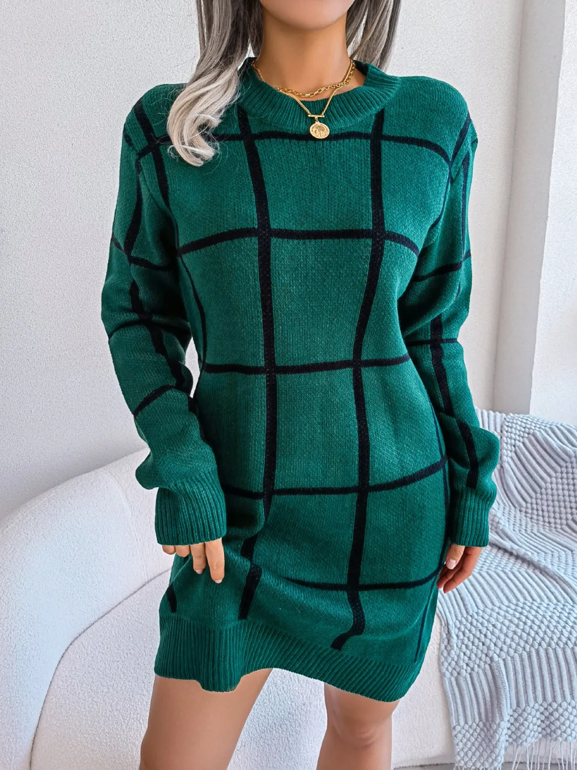 Classic Plaid Round Neck Sweater Dress  with  Dropped Shoulder