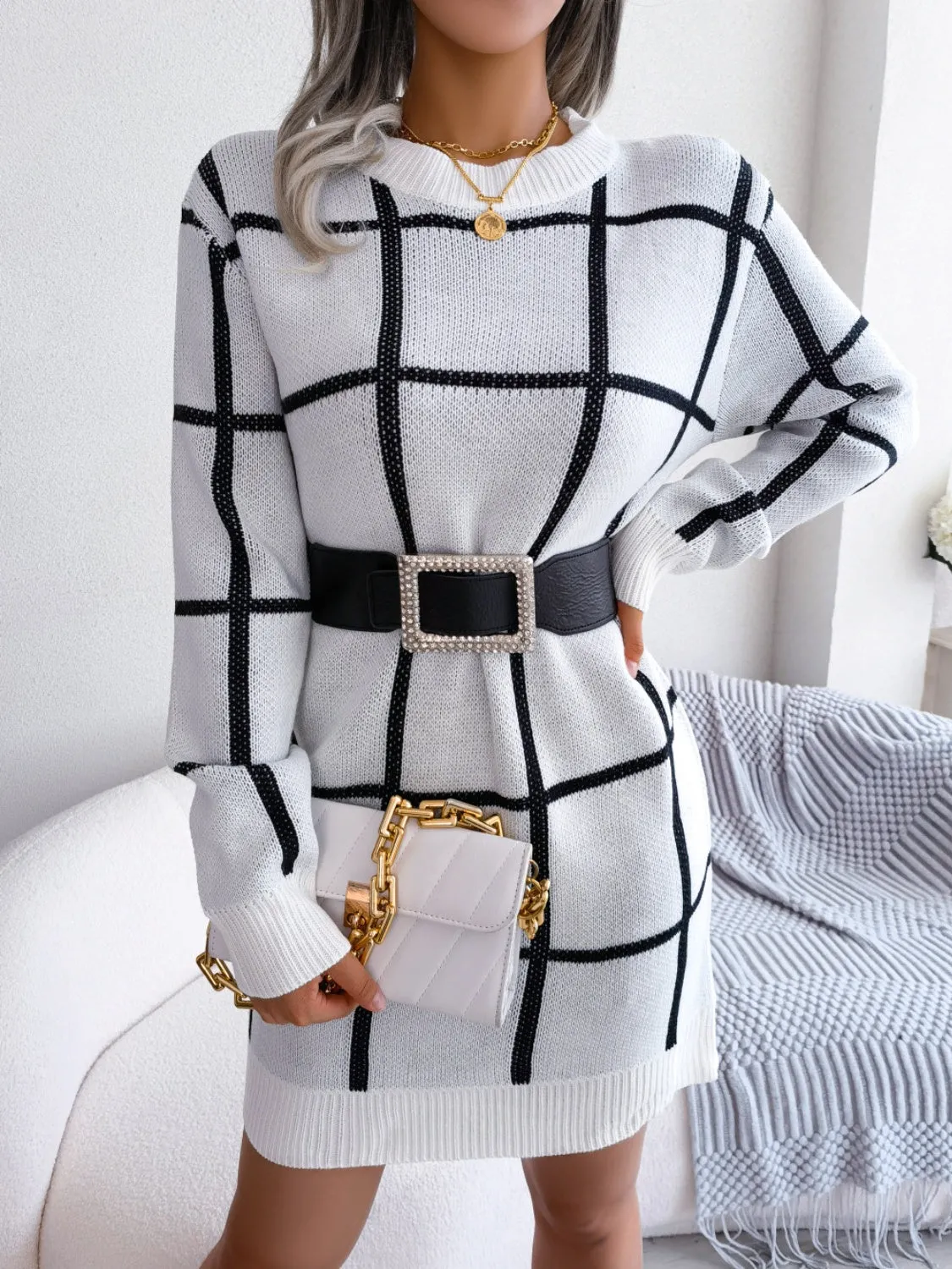 Classic Plaid Round Neck Sweater Dress  with  Dropped Shoulder