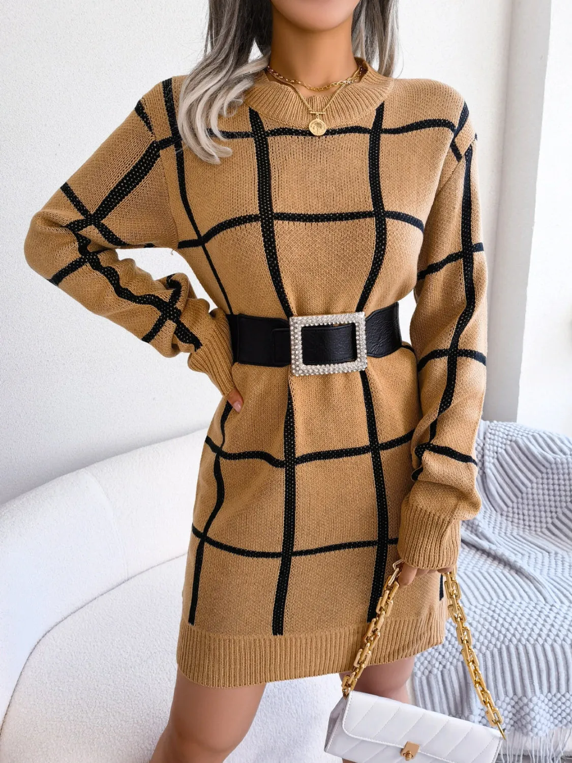 Classic Plaid Round Neck Sweater Dress  with  Dropped Shoulder