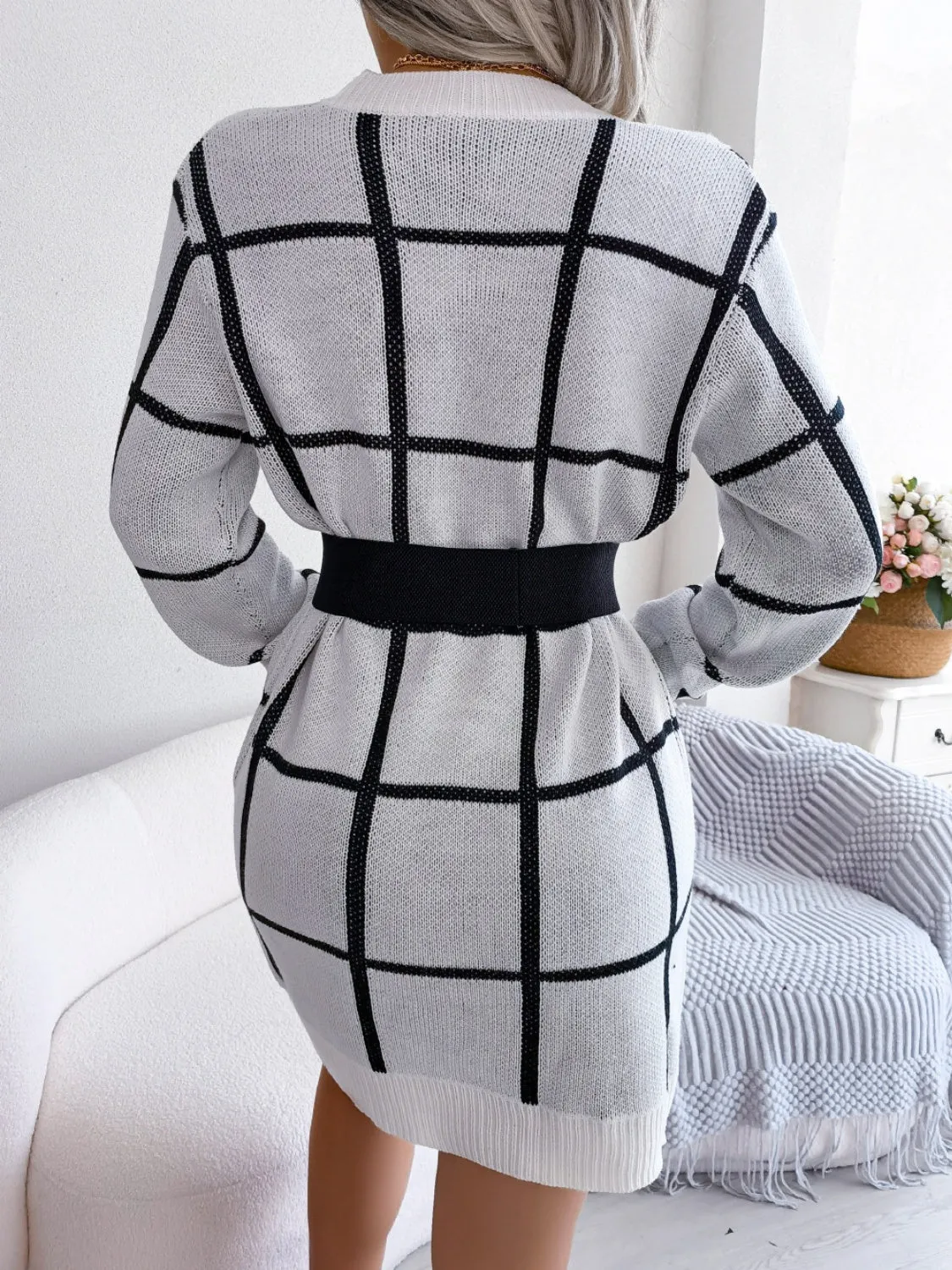 Classic Plaid Round Neck Sweater Dress  with  Dropped Shoulder