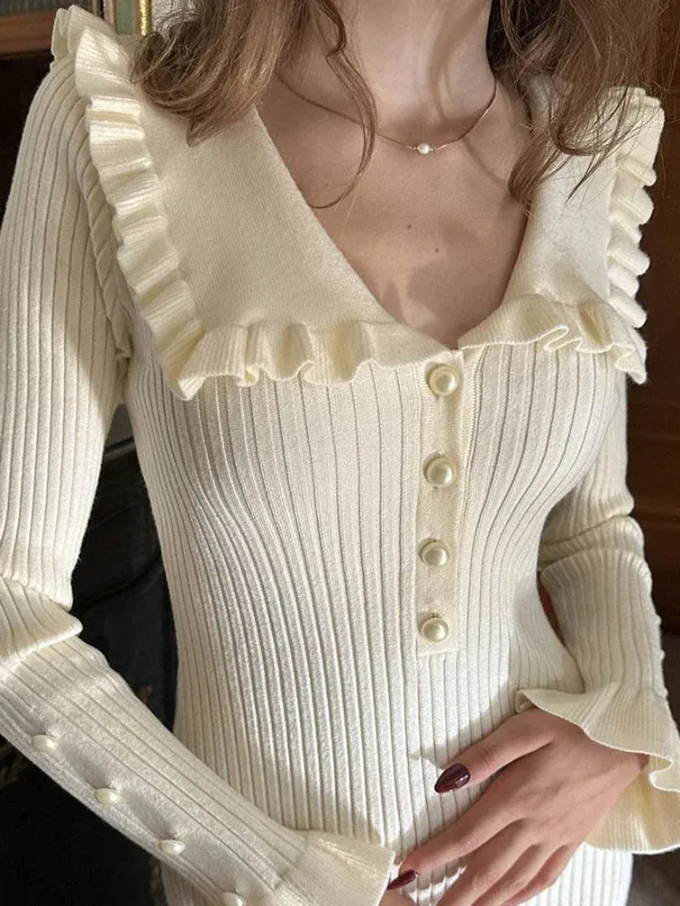 Coziest Poise Knit Ruffle Sleeves Sweater Midi Dress