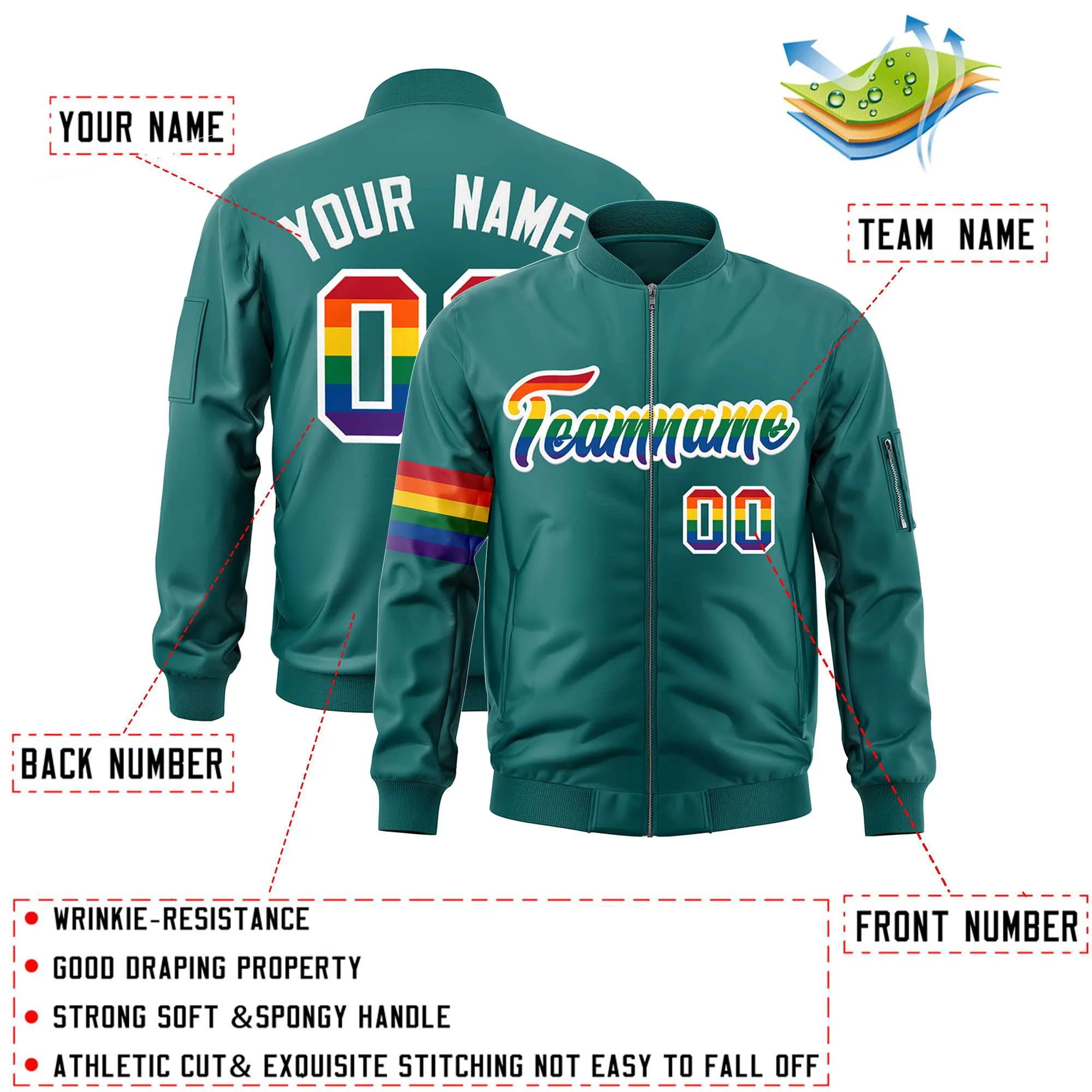 Custom Aqua LGBT Rainbow For Pride Month Classic Style Letterman Bomber Jacket