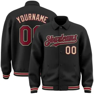 Custom Black Crimson-City Cream Bomber Full-Snap Varsity Letterman Lapel Collar Byron Jacket