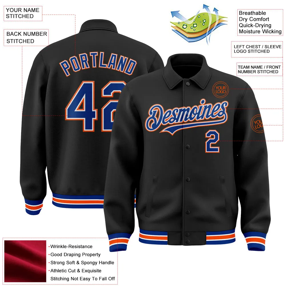 Custom Black Royal-Orange Bomber Full-Snap Varsity Letterman Lapel Collar Byron Jacket