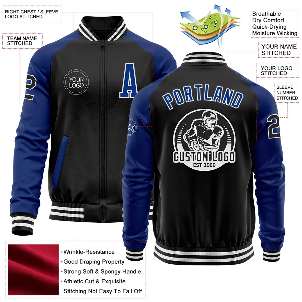 Custom Black Royal-White Bomber Varsity Letterman Two Tone Zipper Jacket