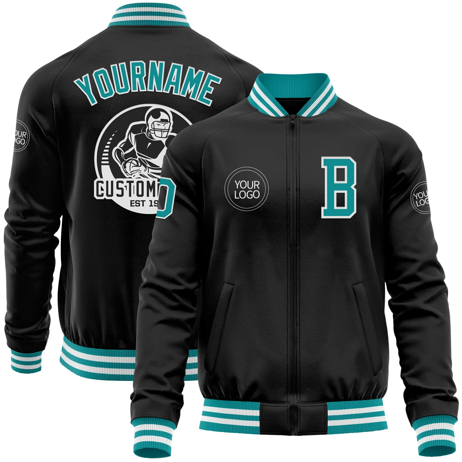 Custom Black Teal-White Bomber Varsity Letterman Zipper Jacket