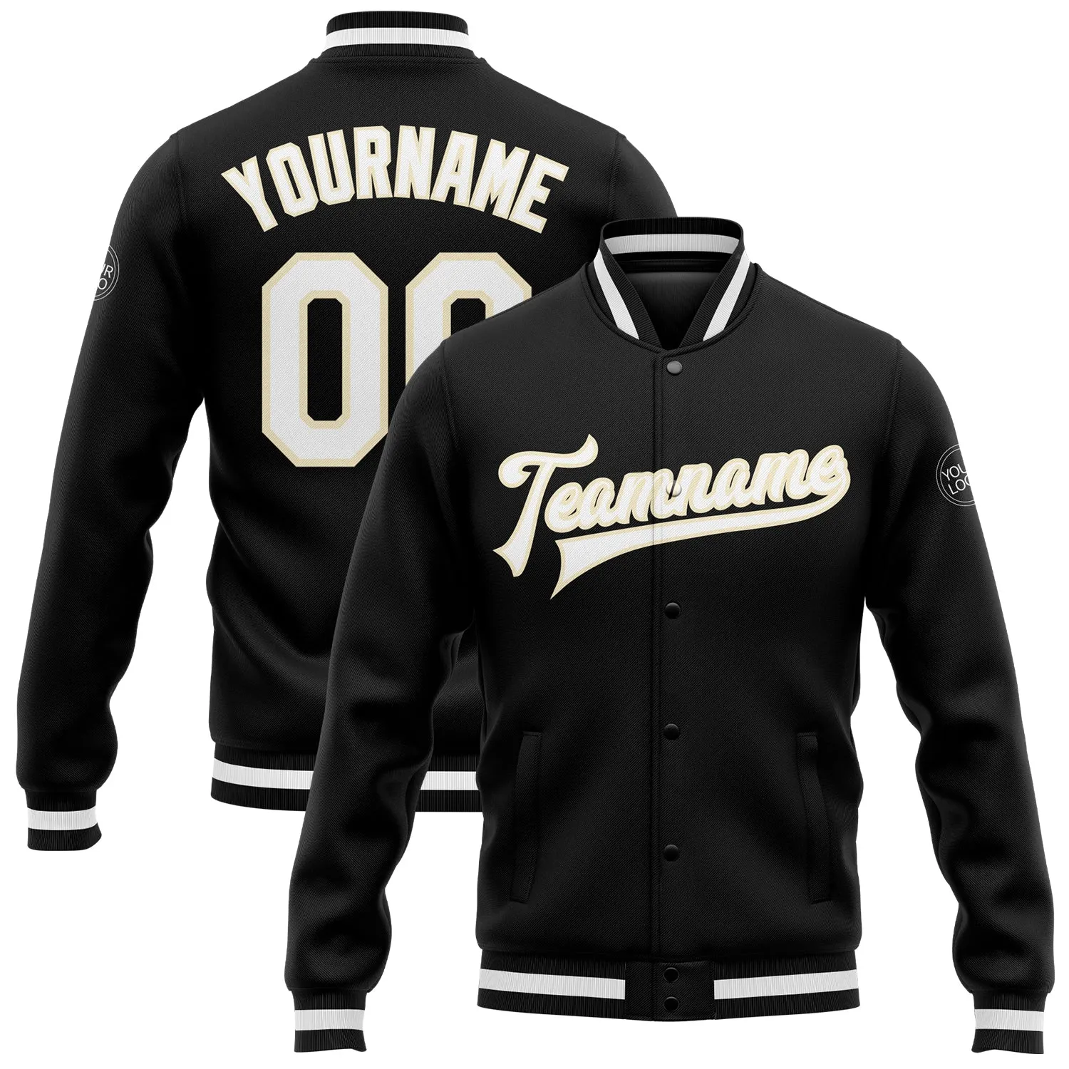 Custom Black White-Cream Bomber Full-Snap Varsity Letterman Jacket