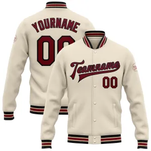 Custom Cream Crimson Black-City Cream Bomber Full-Snap Varsity Letterman Jacket