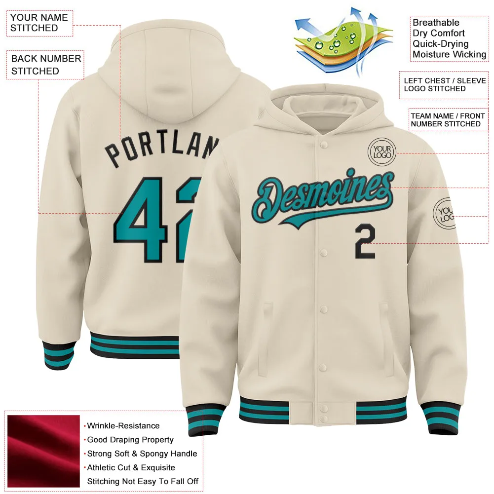 Custom Cream Teal-Black Bomber Full-Snap Varsity Letterman Hoodie Jacket