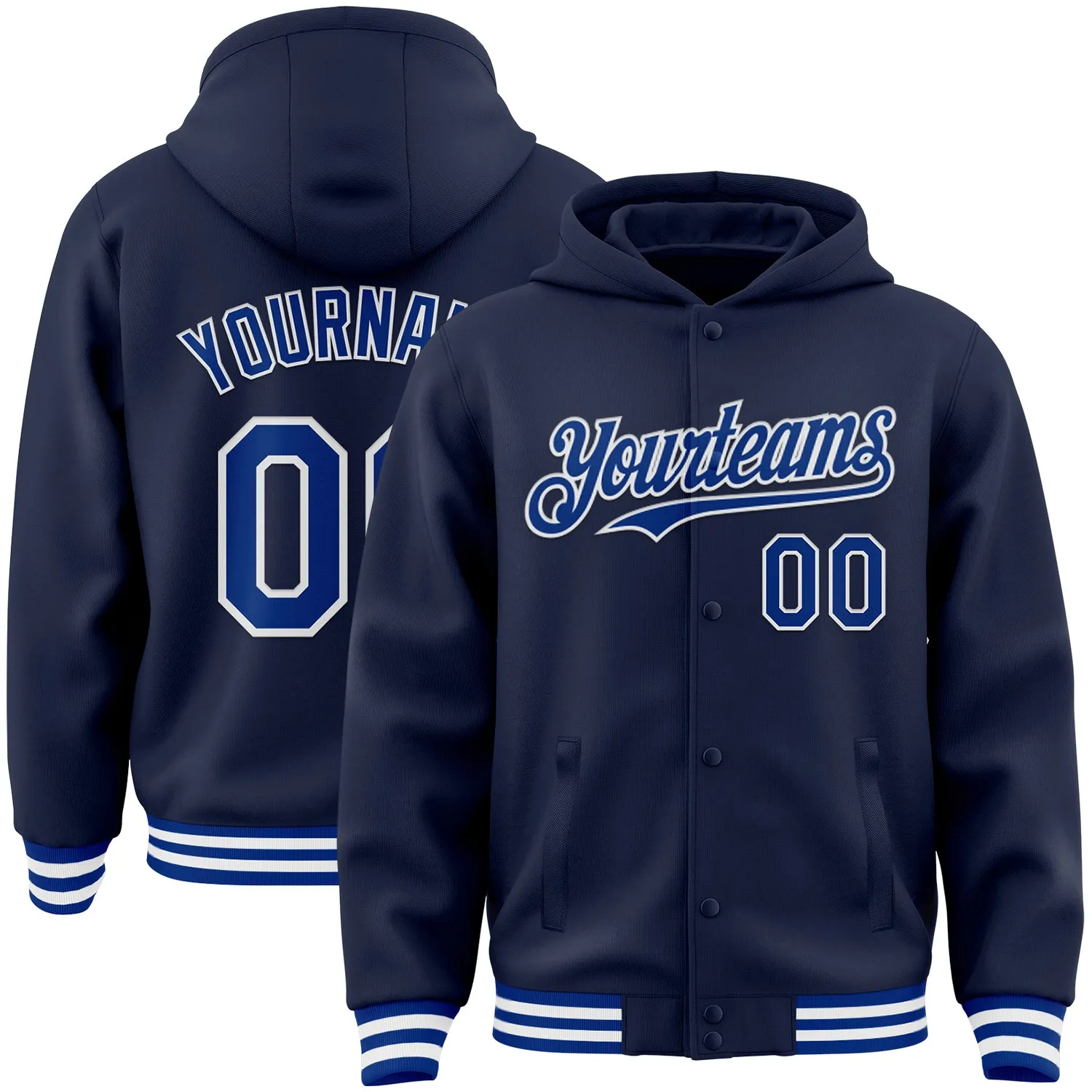 Custom Navy Royal-White Bomber Full-Snap Varsity Letterman Hoodie Jacket