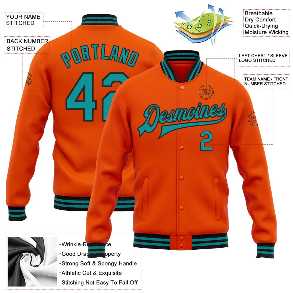 Custom Orange Teal-Black Bomber Full-Snap Varsity Letterman Jacket