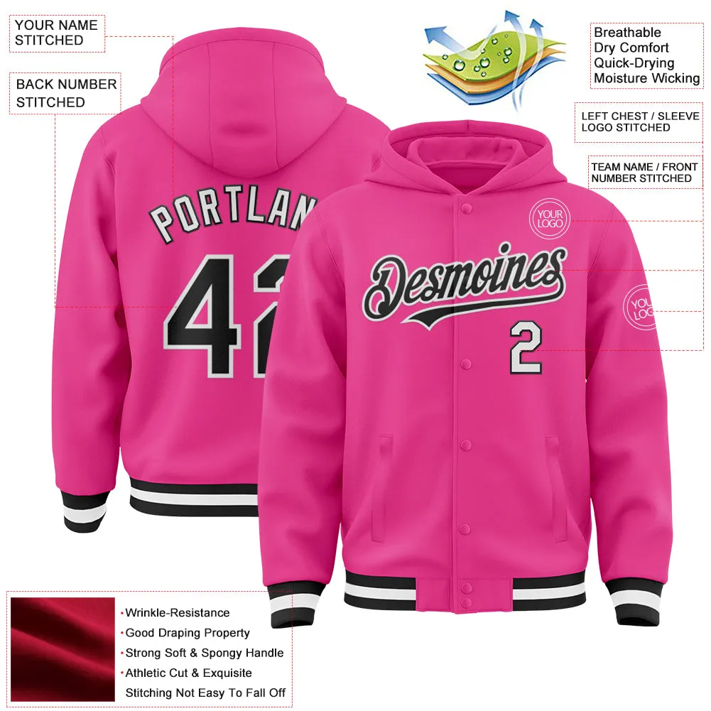 Custom Pink Black-White Bomber Full-Snap Varsity Letterman Hoodie Jacket