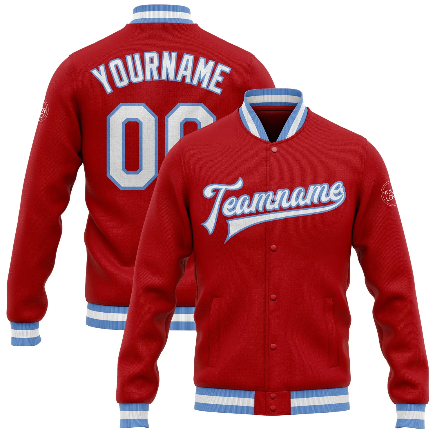 Custom Red White-Light Blue Bomber Full-Snap Varsity Letterman Jacket