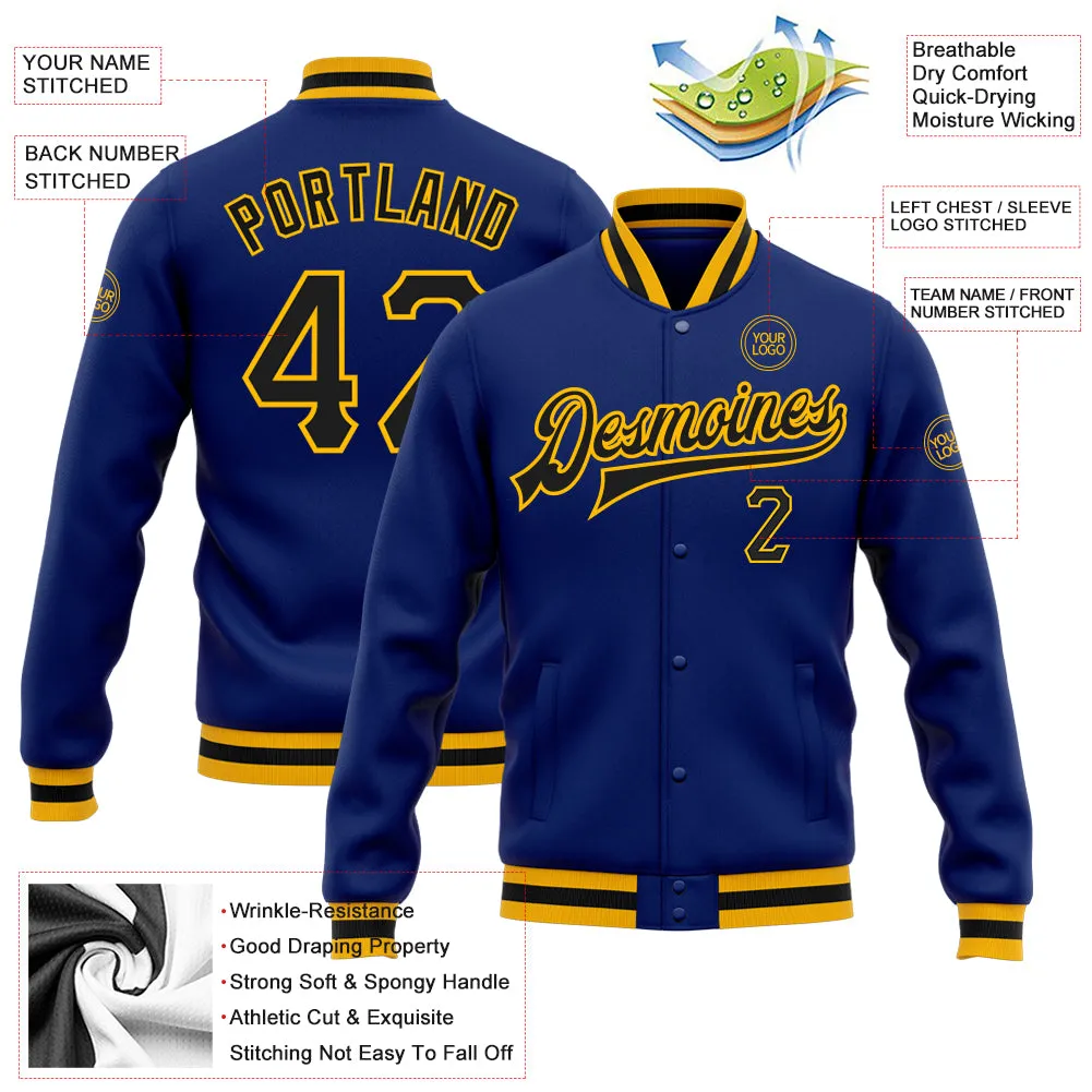 Custom Royal Black-Gold Bomber Full-Snap Varsity Letterman Jacket