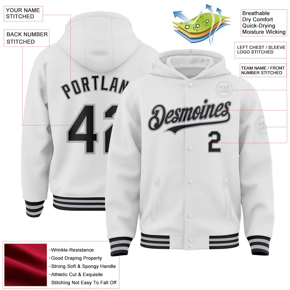 Custom White Black-Gray Bomber Full-Snap Varsity Letterman Hoodie Jacket