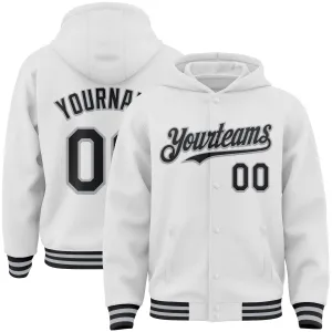 Custom White Black-Gray Bomber Full-Snap Varsity Letterman Hoodie Jacket