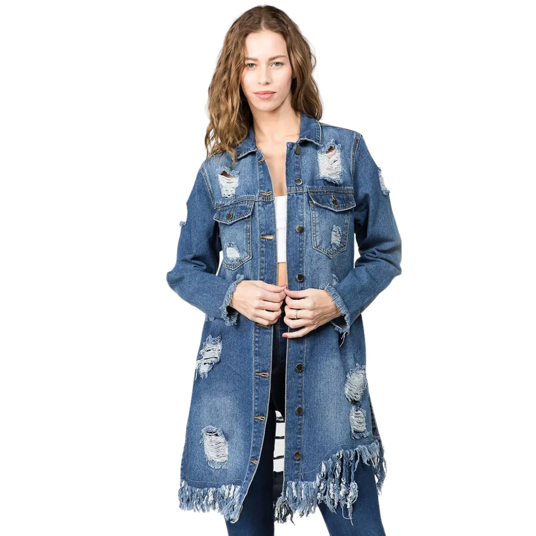 Distressed Denim Long Length Jacket