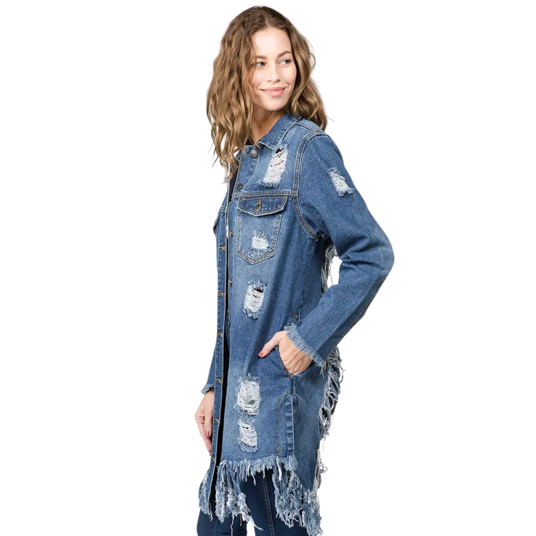 Distressed Denim Long Length Jacket