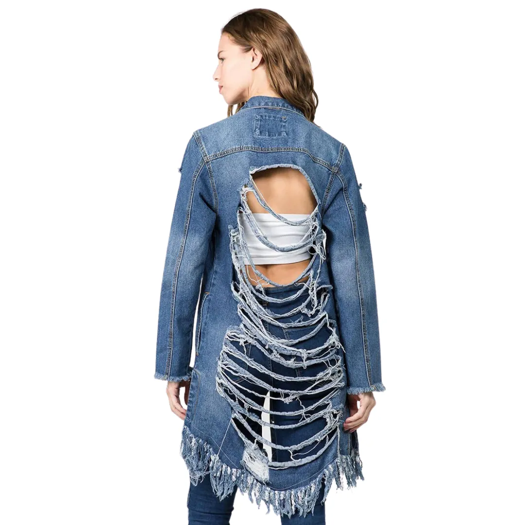 Distressed Denim Long Length Jacket