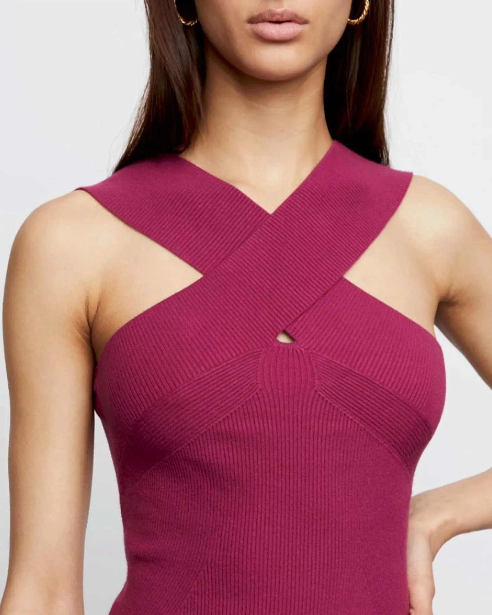 Edith Sculpted Cold Shoulder Ribbed Knit Dress in Ruby | Ruby