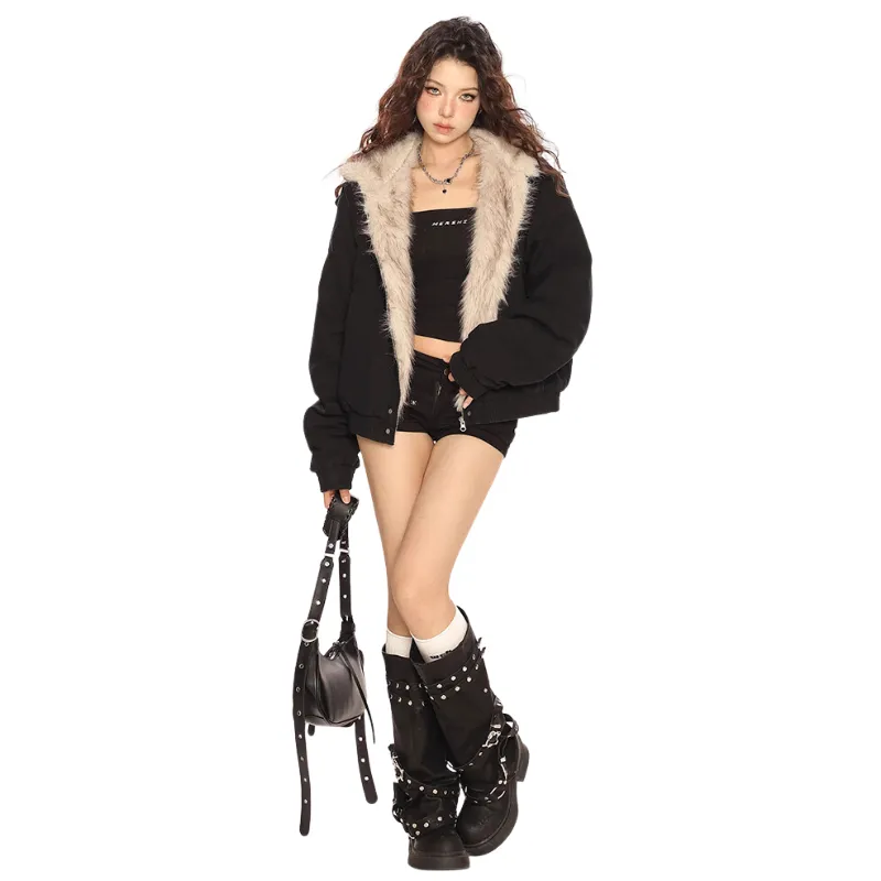 Faux Fur Hooded Jacket With Zipper Closure