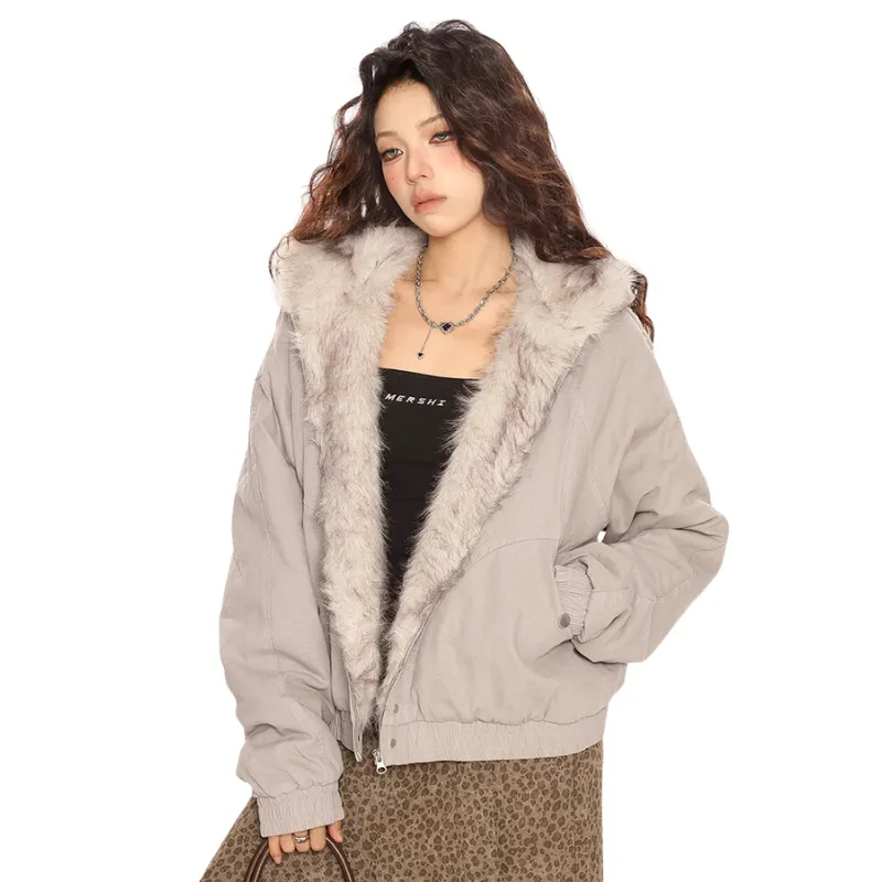 Faux Fur Hooded Jacket With Zipper Closure