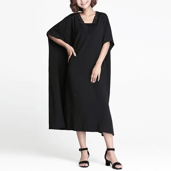 fine black linen shift dress casual linen maxi dress women V neck patchwork cotton dress