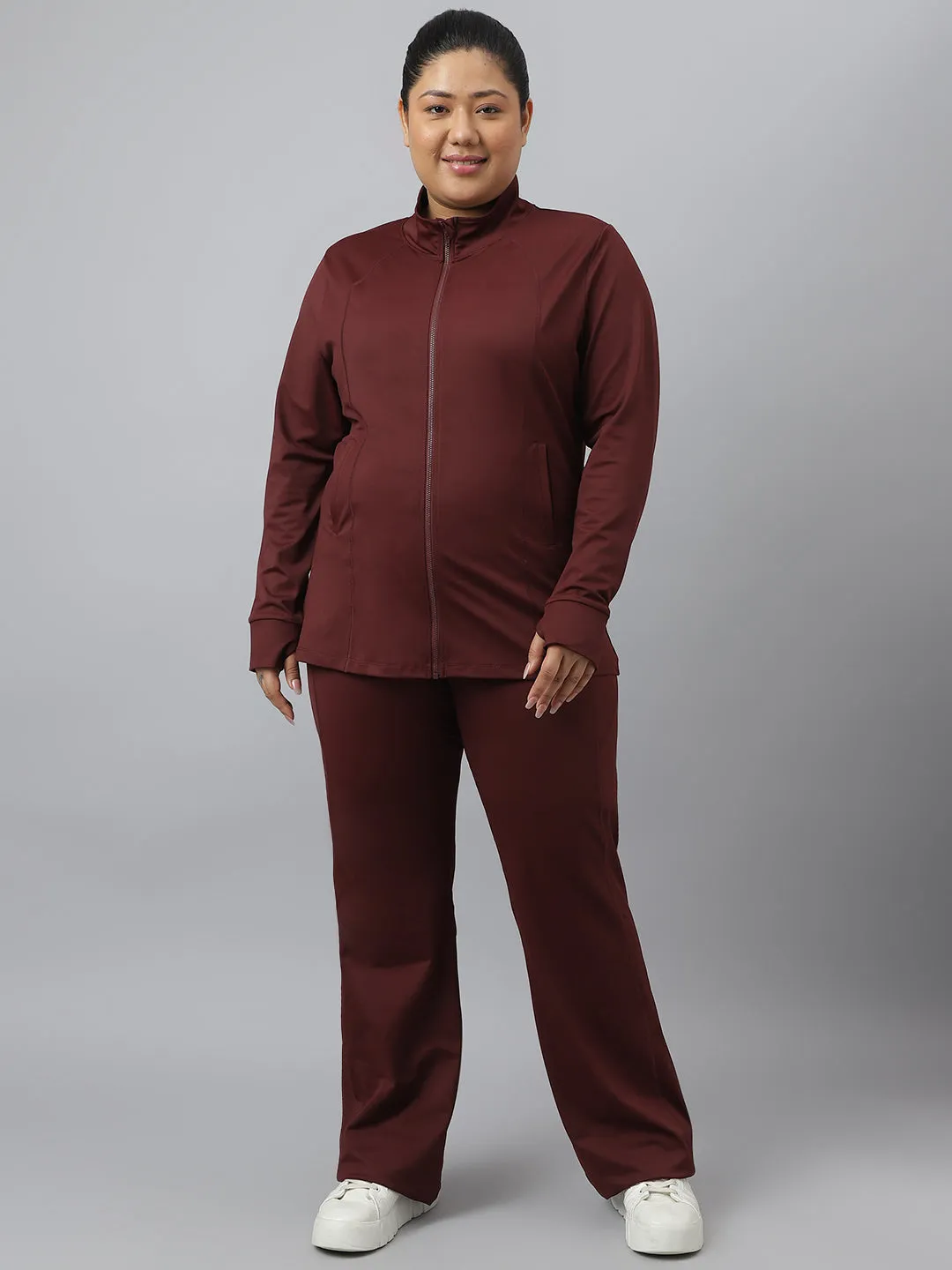 Fitkin Plus Size Anti-Odor Four Way Stretch Chocolate Brown Front Zipper Tracksuit