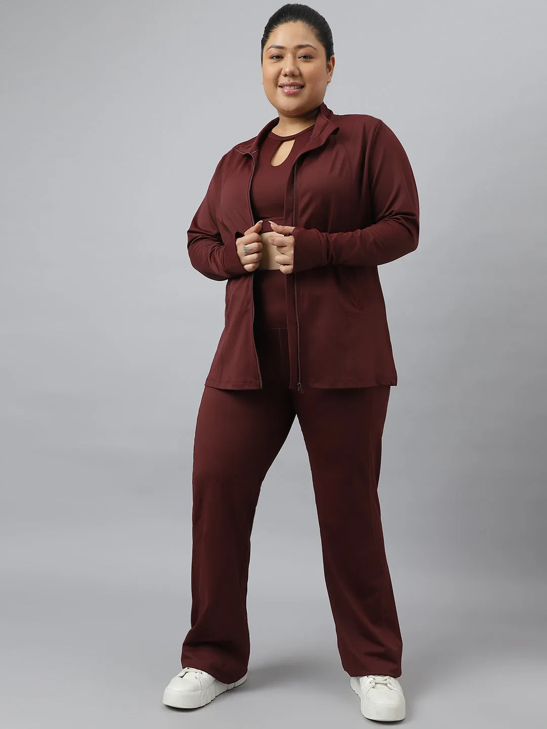 Fitkin Plus Size Anti-Odor Four Way Stretch Chocolate Brown Front Zipper Tracksuit