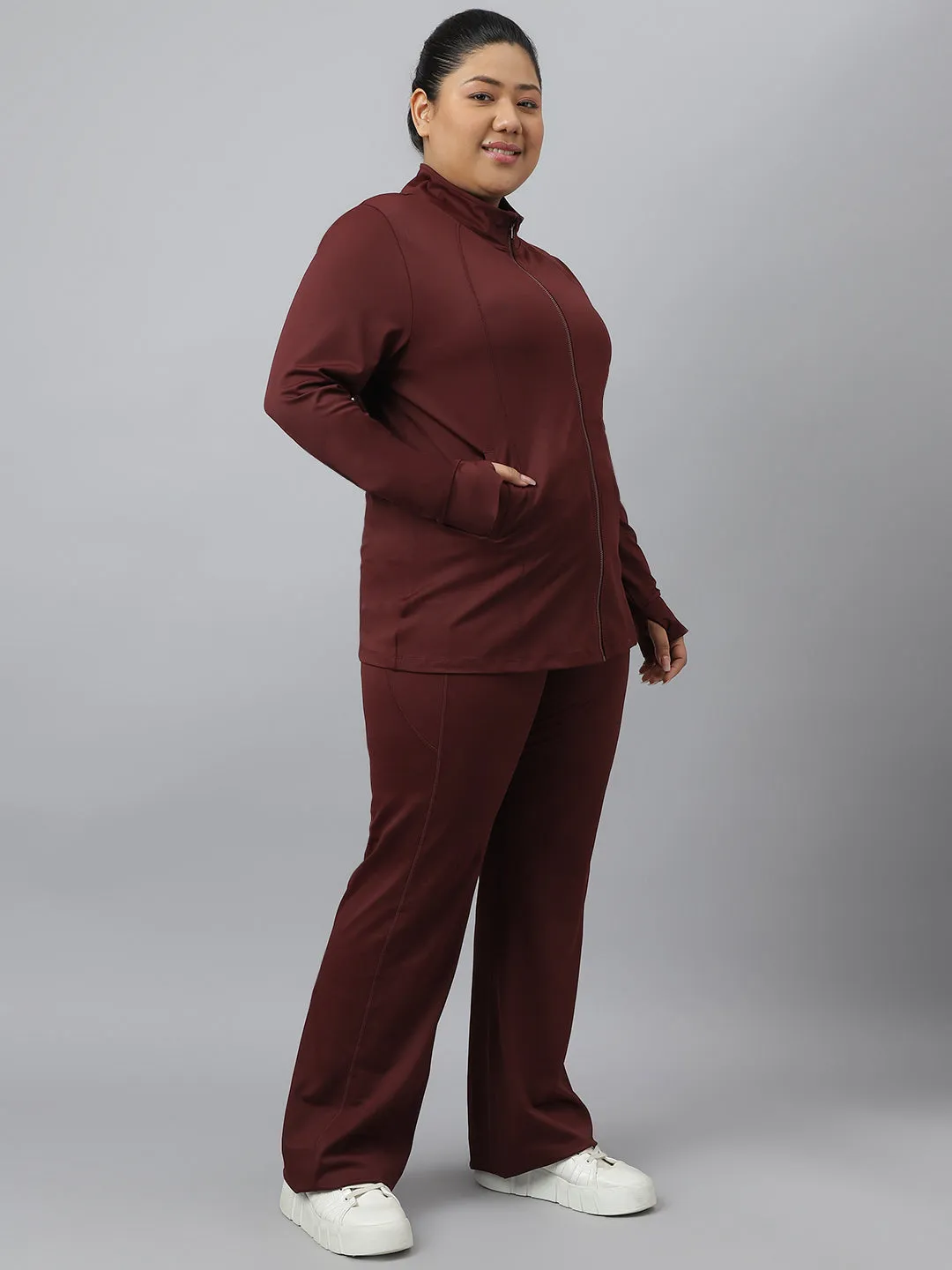 Fitkin Plus Size Anti-Odor Four Way Stretch Chocolate Brown Front Zipper Tracksuit