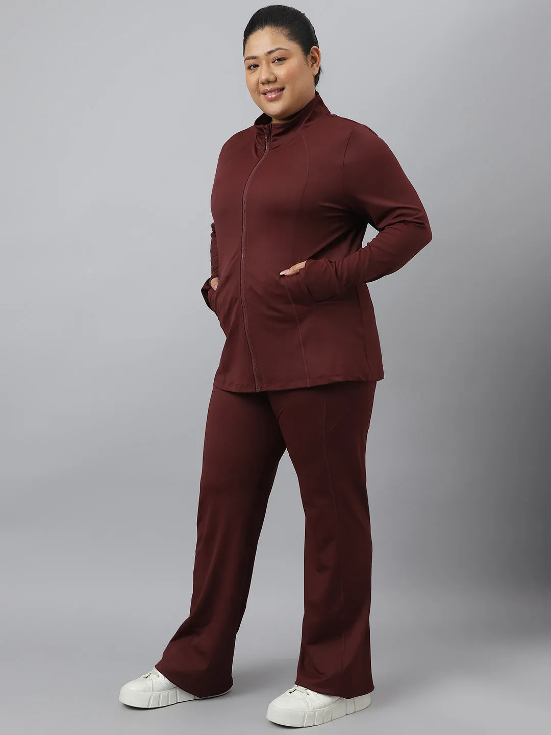 Fitkin Plus Size Anti-Odor Four Way Stretch Chocolate Brown Front Zipper Tracksuit