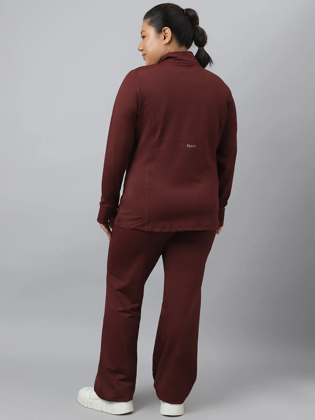 Fitkin Plus Size Anti-Odor Four Way Stretch Chocolate Brown Front Zipper Tracksuit