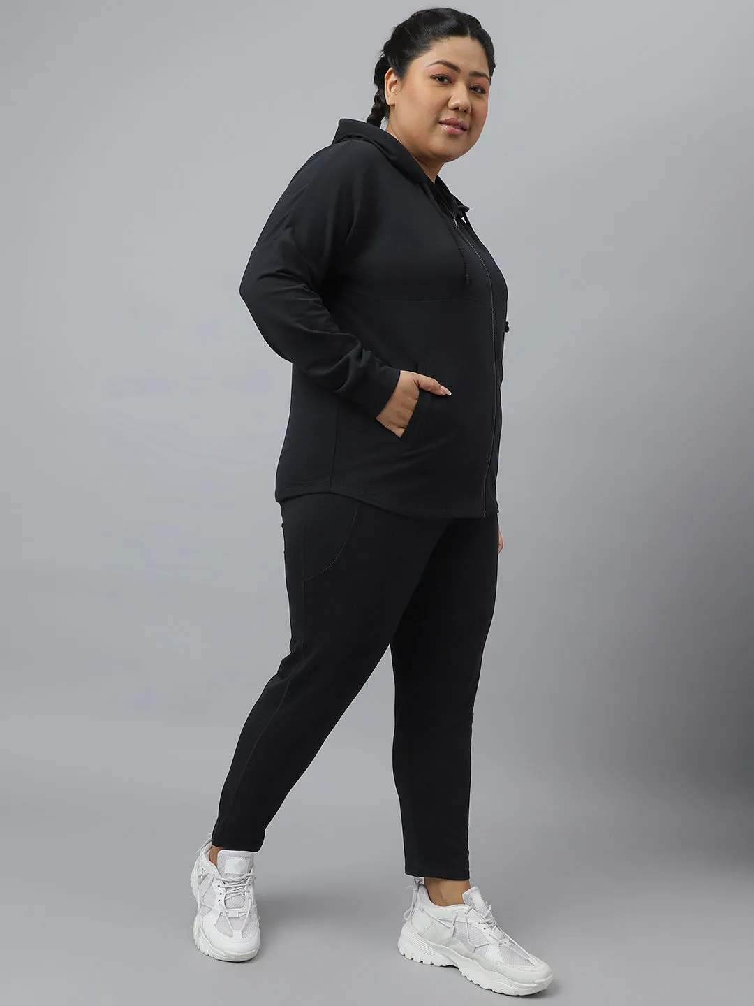 Fitkin Plus Size Ecofriendly Anti-Odor Recycled Polyester Black Front Zipper Tracksuit