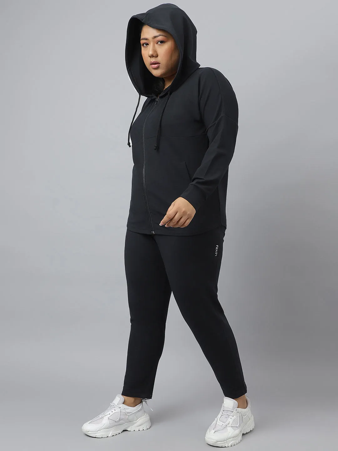 Fitkin Plus Size Ecofriendly Anti-Odor Recycled Polyester Black Front Zipper Tracksuit