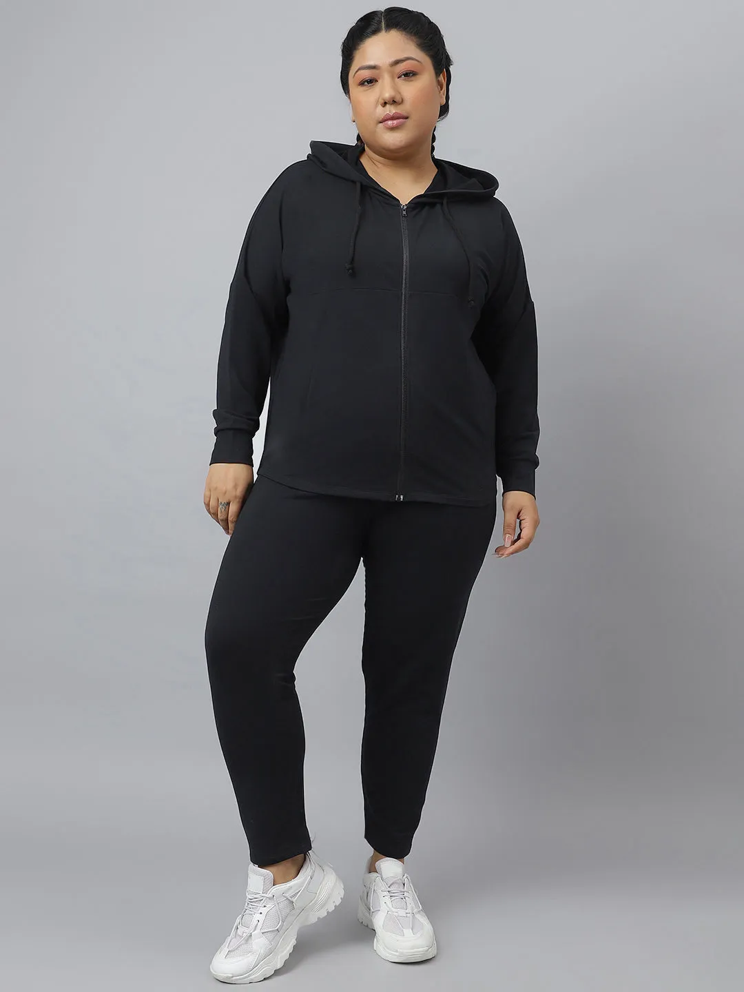 Fitkin Plus Size Ecofriendly Anti-Odor Recycled Polyester Black Front Zipper Tracksuit