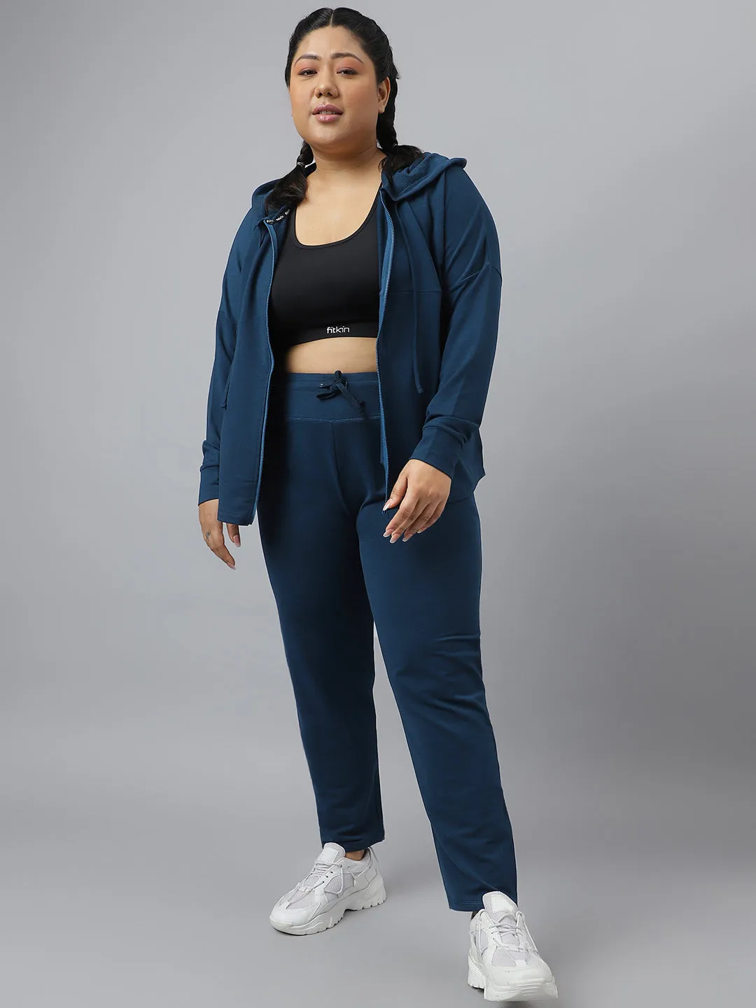 Fitkin Plus Size Ecofriendly Anti-Odor Recycled Polyester Teal Front Zipper Tracksuit