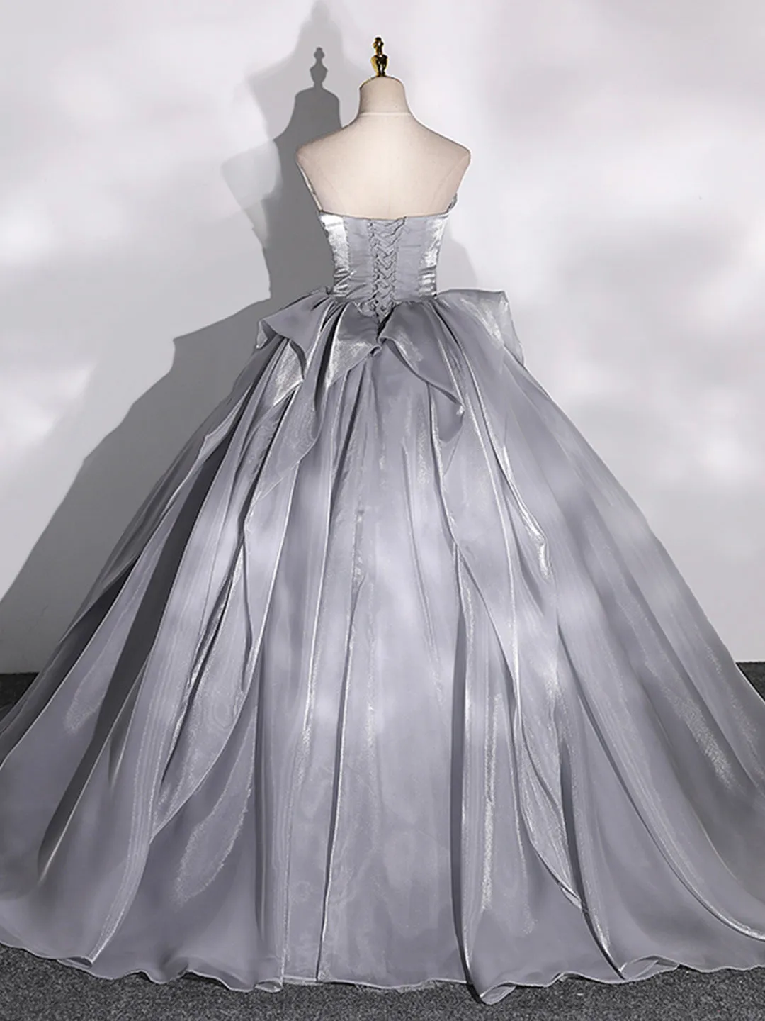 Gray Strapless Tulle Long Ball Gown, A-Line Evening Dress Formal Dress