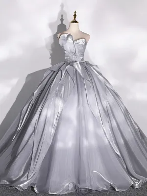 Gray Strapless Tulle Long Ball Gown, A-Line Evening Dress Formal Dress