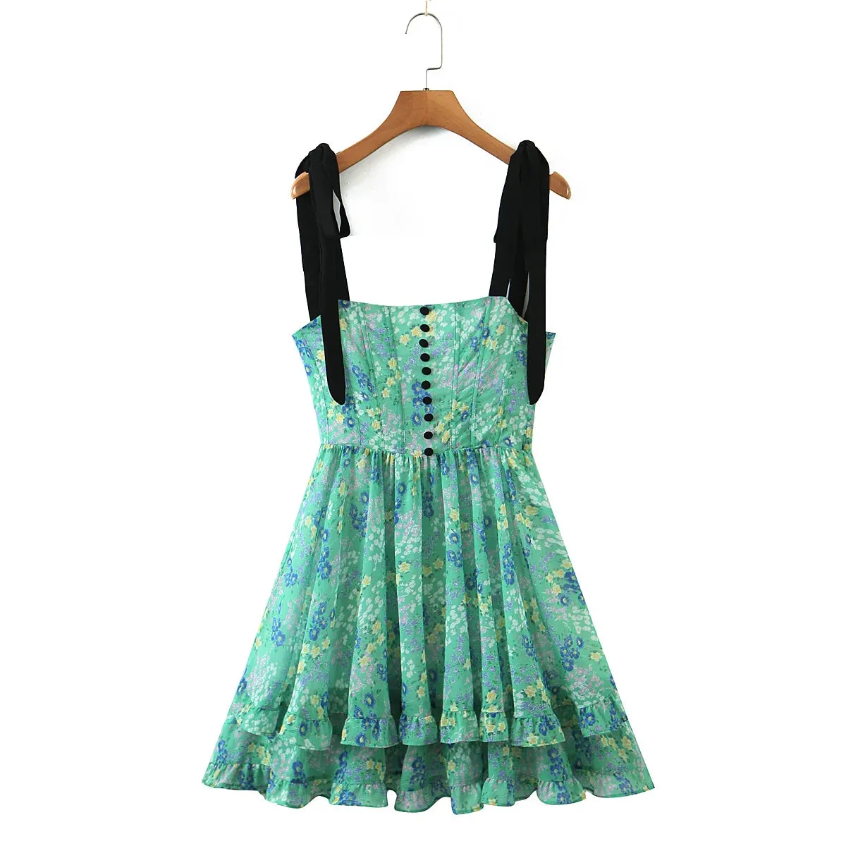 Green Floral Chiffon A-Line Dress with Tie Straps