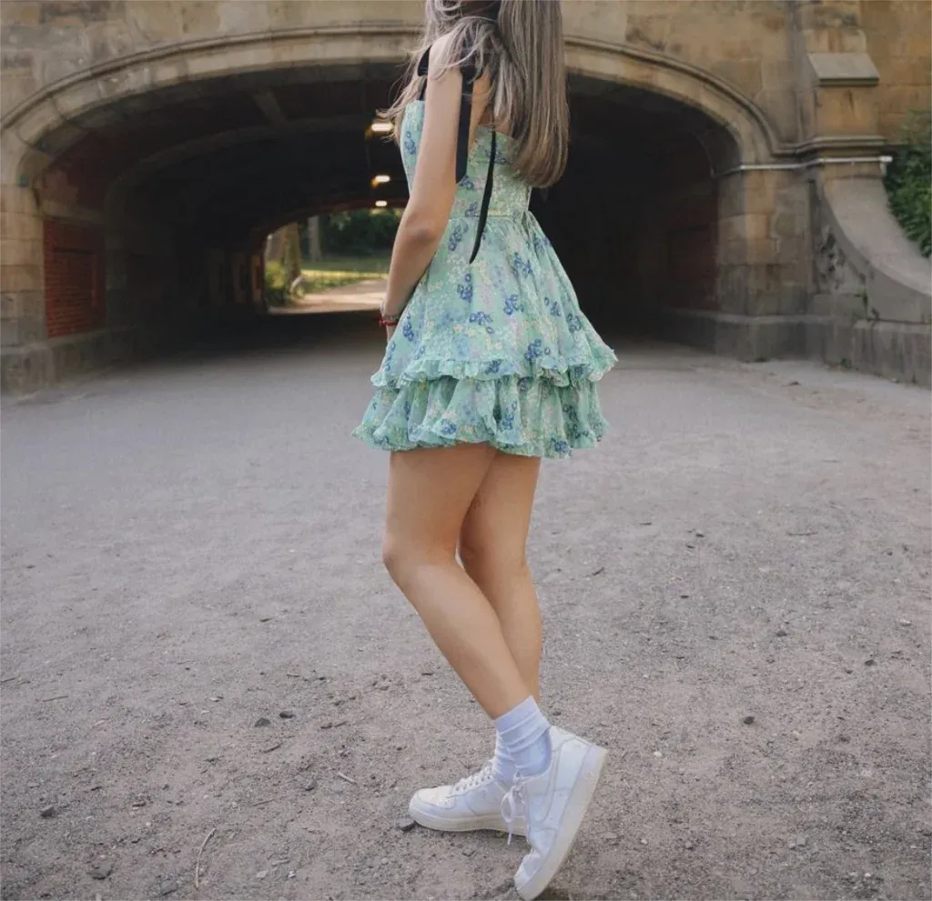 Green Floral Chiffon A-Line Dress with Tie Straps